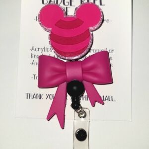 Hand Crafted Pink Mouse Piglet Badge Reel with Bow